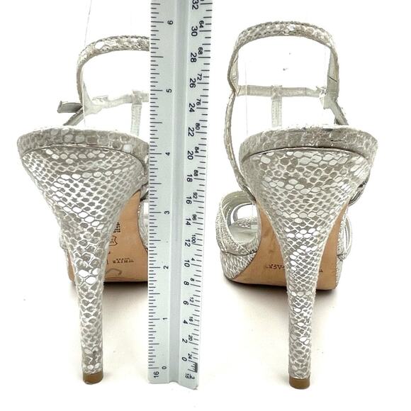 WHITE HOUSE BLACK MARKET ELIZABETH strappy heel sandals silver  fabric upper  9 - Picture 3 of 11
